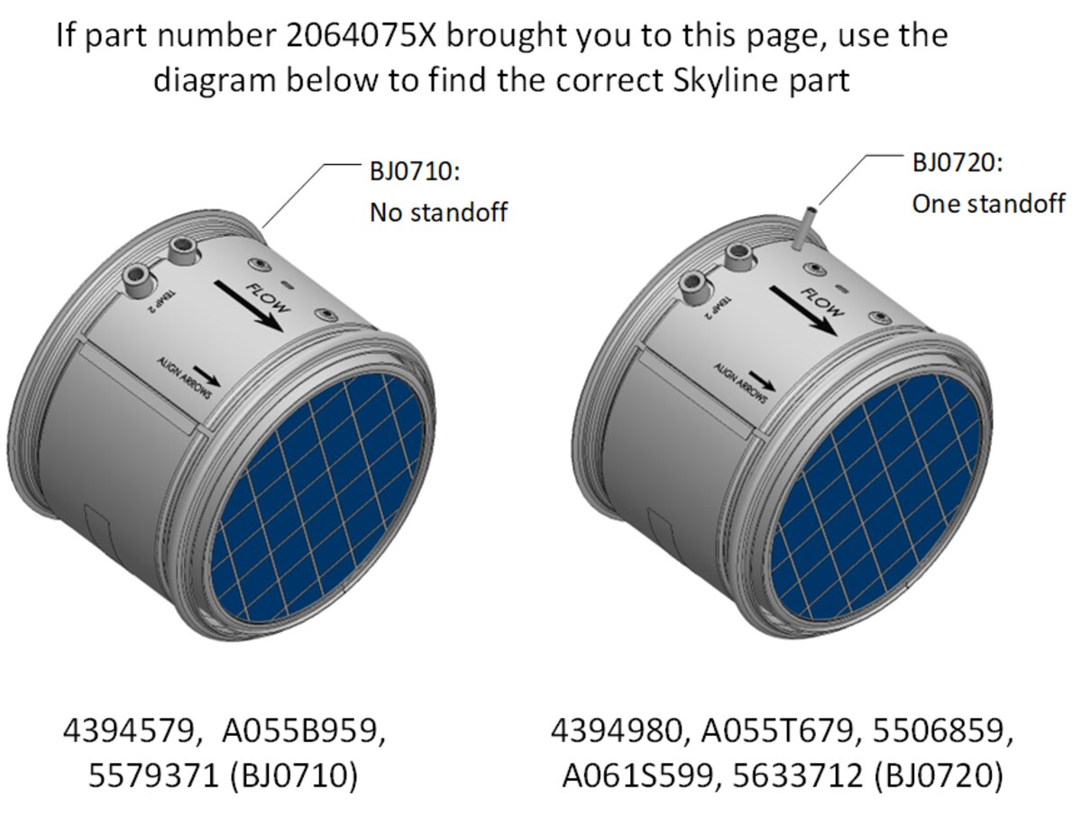 Illustration showing renderings of Skyline BJ0710 and BJ0720 DPFs. The BJ0710 has an annotation that reads "No standoff", the BJ0720 has an annotation that reads "One standoff"